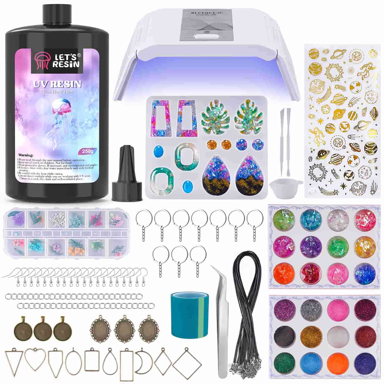 JILLSKY UV Resin Craft Kit – 300g Crystal Clear Resin With UV Light, Molds, Dried Flowers, Pigments, Jewelry Making